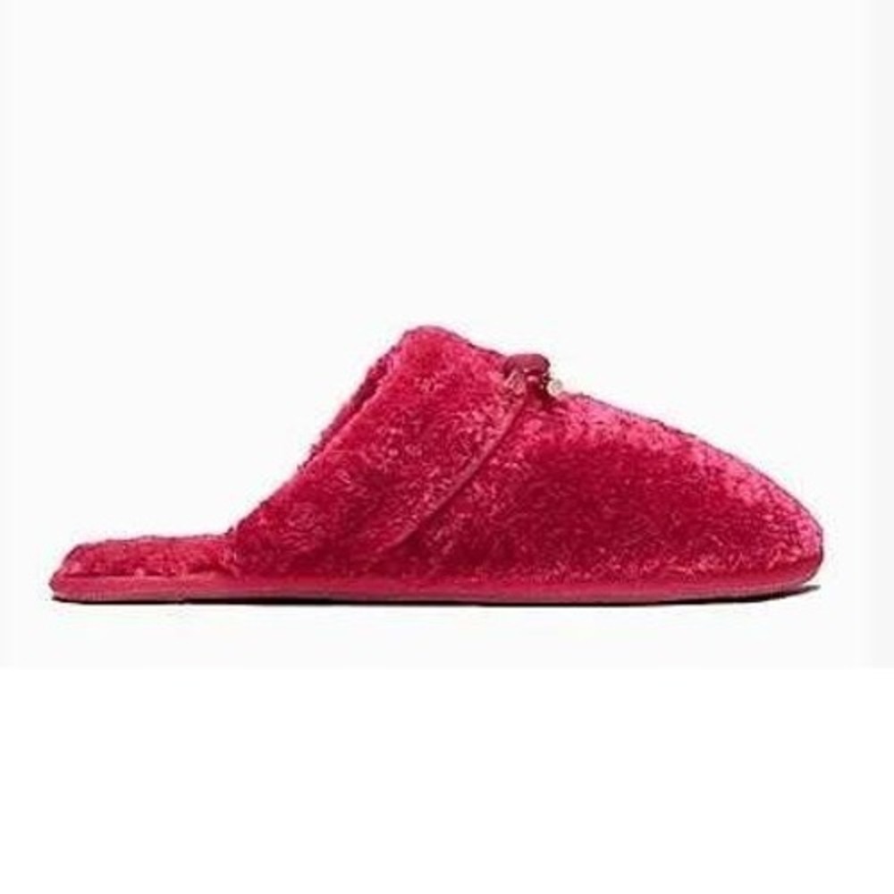 Kate Spade New York Lucy Magenta Pink Faux Fur Bow Slippers Gold Spade Charms
